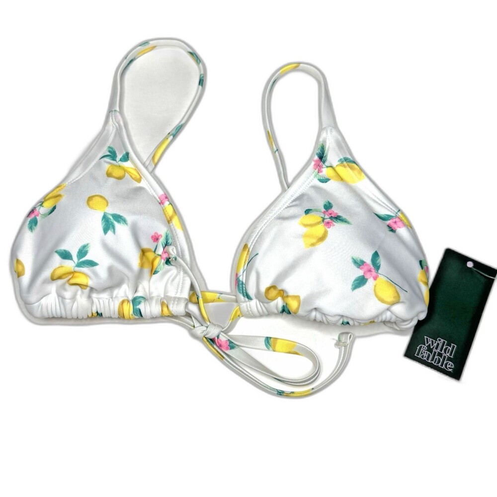 Wild Fable White Lemon Print Tie-Front Triangle Bikini Swim Top  XS (0-2) New!